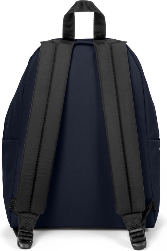 Donkerblauwe rugzak van Eastpak, rugkant met zwarte banden en handvat.