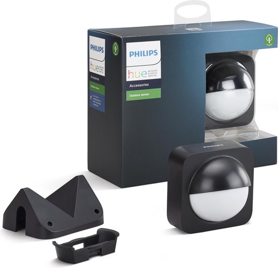 Philips Hue buiten bewegingssensor in verpakking, met montagebeugels.