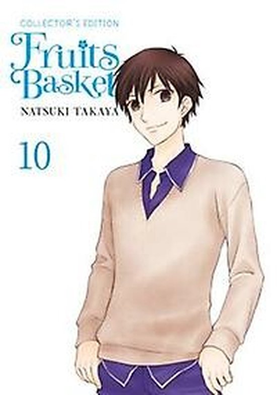 Collector's Edition Fruits Basket 10, met een jongeman met bruin haar in een lichtbruine trui en paarse blouse.