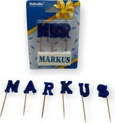 Namen Kaarsjes - Letter Kaars - Kaarsje Met Je Naam - MARKUS - Blauw - Verjaardag Kaarsje Naam MARKUS