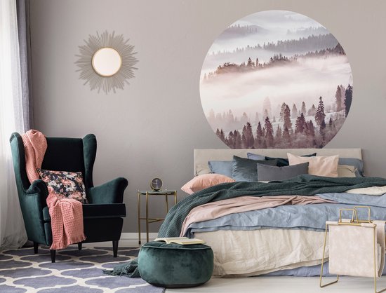 Tizato - Wall Circle Forêt dans la Brume - Rose - Sticker Mural Cercle Muursticker Autocollant - Ø 91 cm