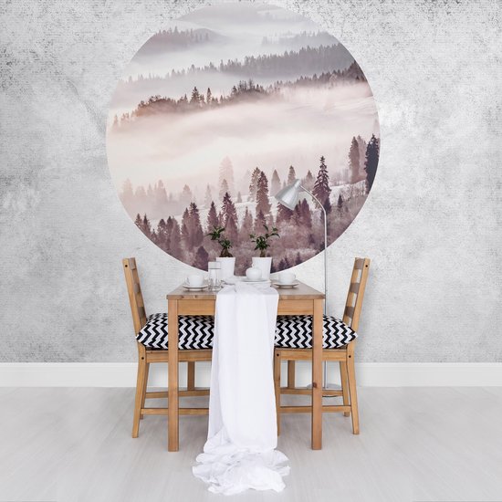 Tizato - Wall Circle Forêt dans la Brume - Rose - Sticker Mural Cercle Muursticker Autocollant - Ø 91 cm