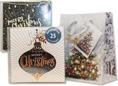 50 Luxe dubbele Kerstkaarten & gratis 2 Kerst cadeautasjes - 2 x 25 st - Folie - 4 motieven - Witte envelop - 10 x 10 cm