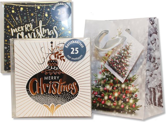 50 cartes de Noël doubles de Luxe & 2 sachets cadeaux de Noël gratuits - 2 x 25 pcs - Feuille - 4 motifs - Enveloppe Witte - 10 x 10 cm