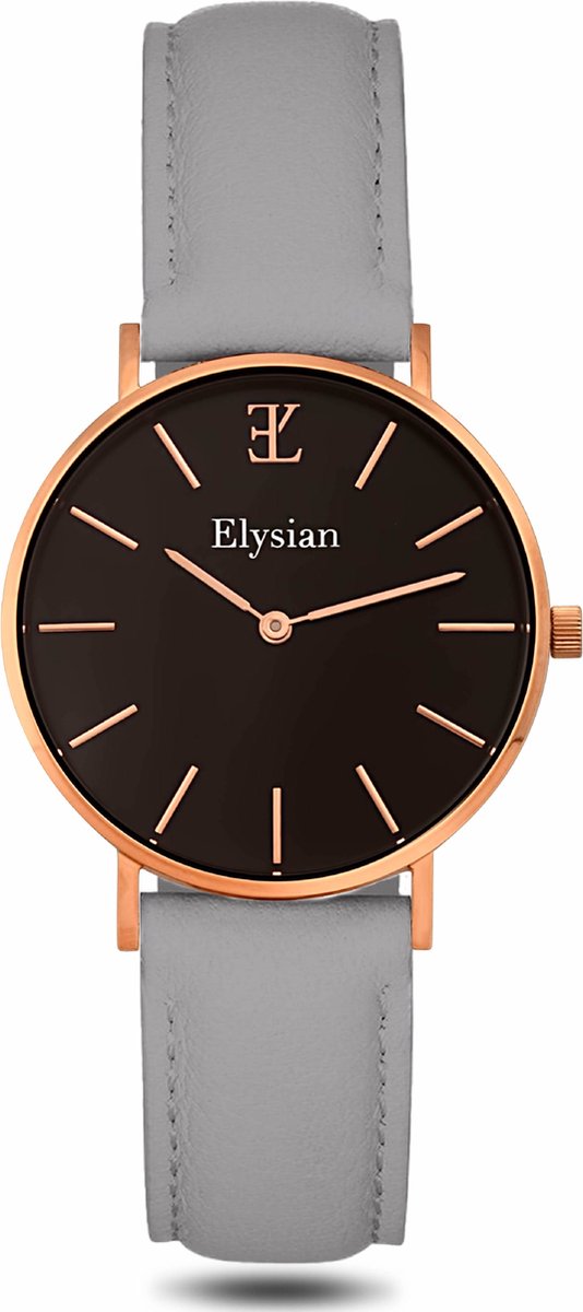 Elysian - Horloge Dames - Rose Goud - Grijs Leer - 36mm - Waterdicht - Cadeau Voor Vrouw
