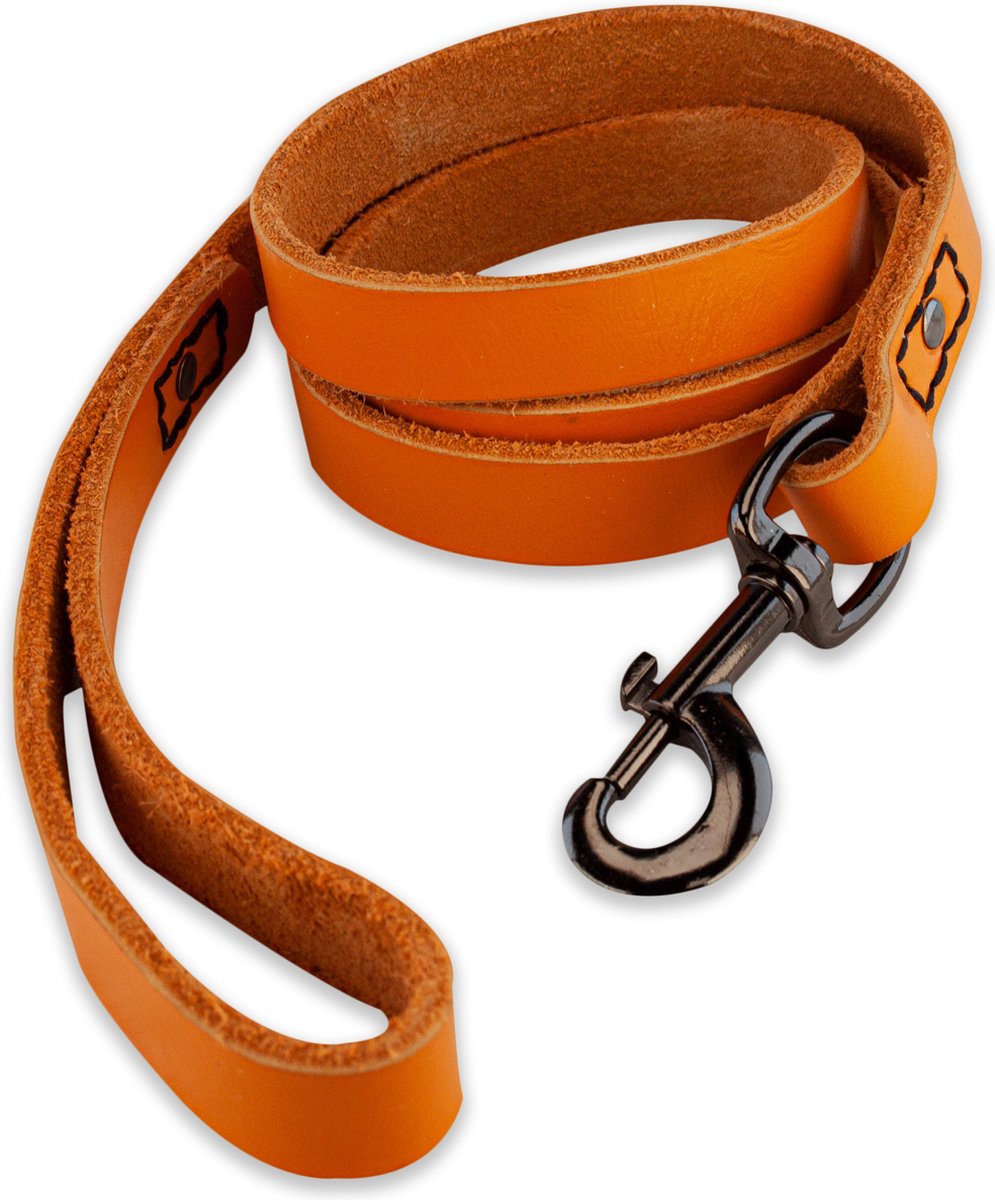 Bol.com Leren hondenriem - 180cm - oranje met zwarte riem - hondenriem met stiksels - 100% volnerfleer - hond - leiband hond - l... aanbieding