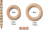 50mm Beukenhout Ringen – 5 Stuks + 60mm DIY Houten Ringen – 5 Stuks - DIY Beech Wood Rings – Houten Ringen – Voor knutselen, doe-het-zelf Handwerk, Sieraden Maken, Houten Ring, Voedingskettin