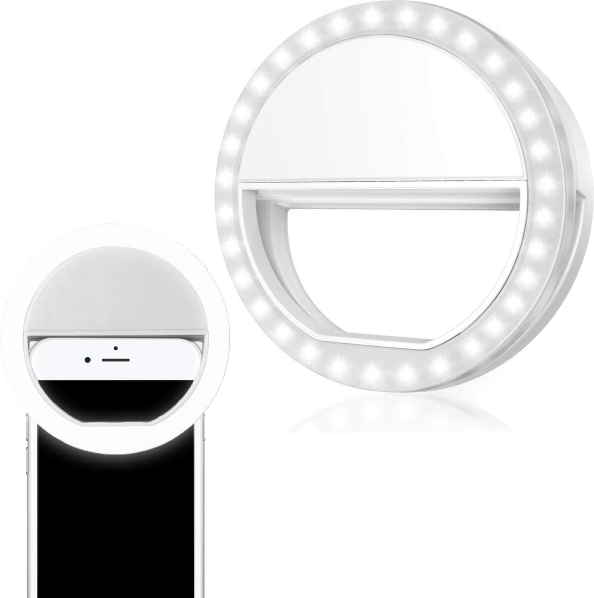 Selfie Ring Light LED Licht Wit - Universele Selfie Ring Lamp Wit - Selfie Ringlight Met Clip Op Batterij - Wit