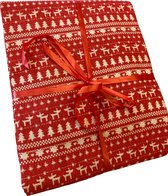 Kersttafelkleed linnenlook rood met witte hertjes, kerstboompjes, sterren 130 x 180