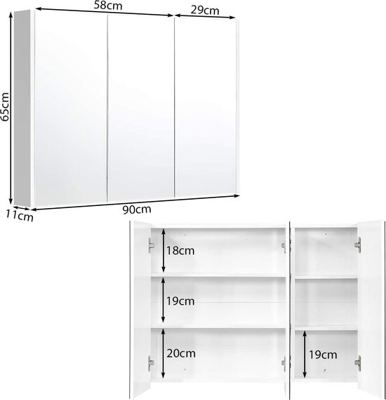 Drie spiegels badkamermeubel, badkamer wandkast met verstelbare planken, 90 x 11 x 65 cm bol
