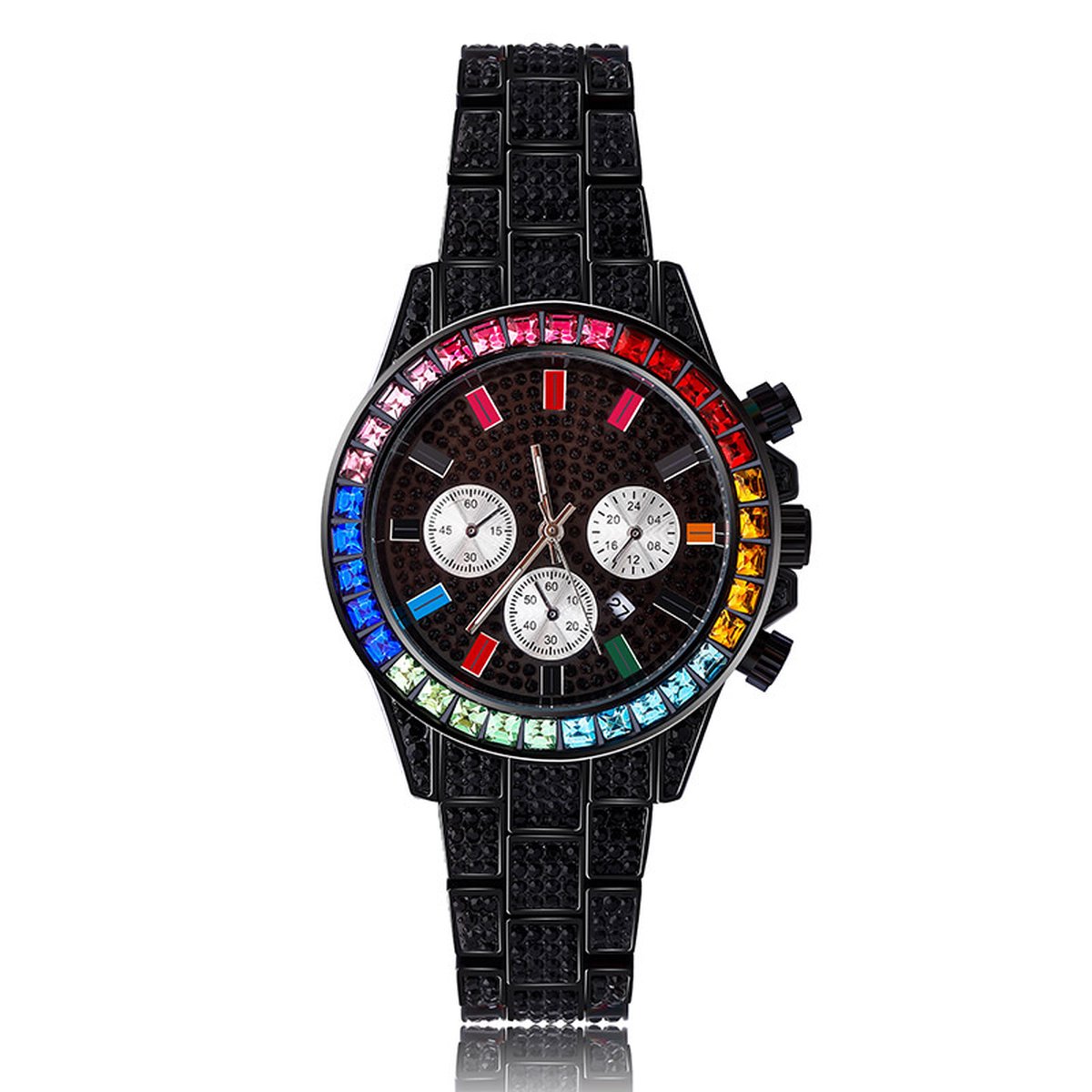 Pro-Care Excellent Quality™ Zwart 450 Zirkonias Quartz Horloge Unisex - Ø41 Case - Ø33 Safierglas - Datum - Zwart RVS