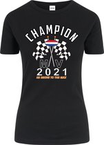 Dames T-shirt zwart Champion MV 2021 | race supporter fan shirt | Formule 1 fan kleding | Max Verstappen / Red Bull racing supporter | wereldkampioen / kampioen | racing souvenir | maat XS