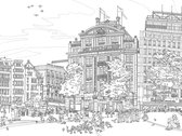 Poster- panorama - elles - Amsterdam - Dam Square - tekening - 30x162 cm - lijn