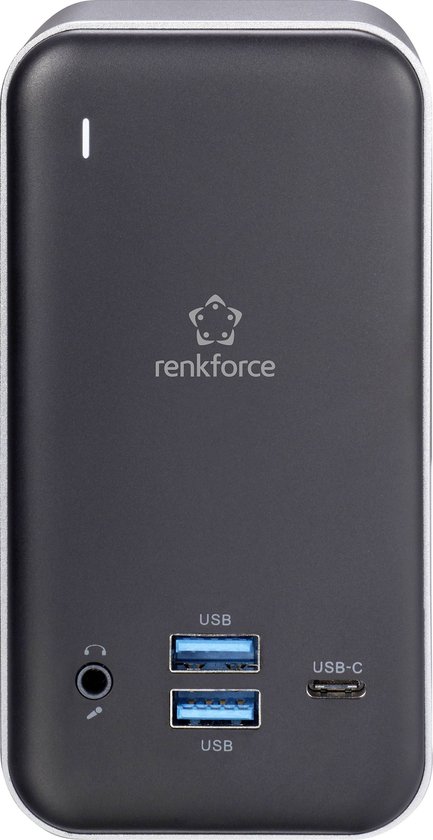 Panneau avant noir d'une station d'accueil Renkforce avec logo 'renkforce', 2 ports USB, 1 port USB-C et prise audio.