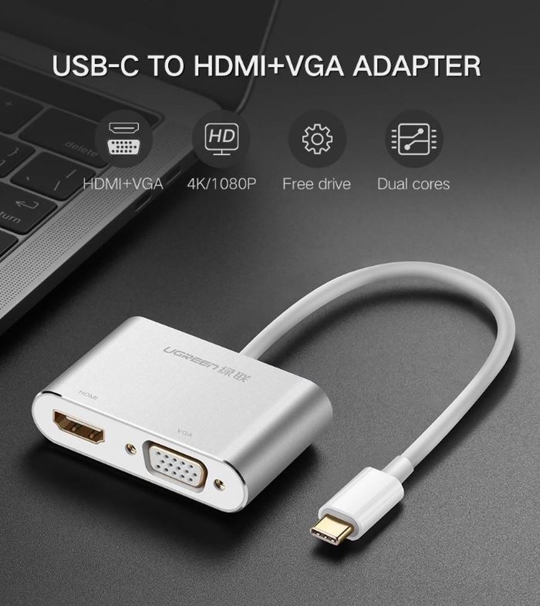 UGREEN - USB-C to HDMI+VGA Converter - Aluminium - 1080P/2K/4K - Geschikt voor o.a. Apple MacBook, HP, Dell enz..