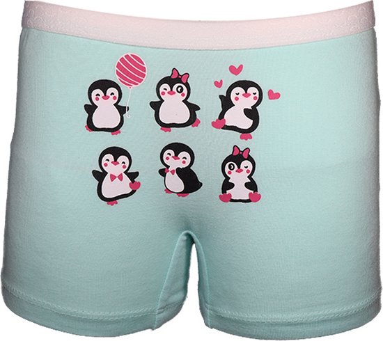 Lichtblauwe boxershorts met zes schattige pinguïns in verschillende poses en een roze ballon.