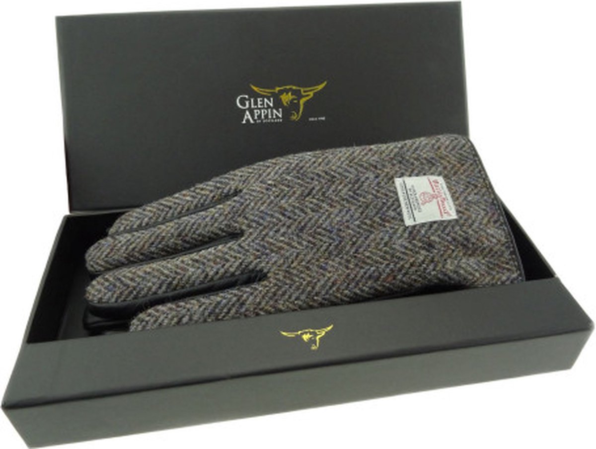 Heren Handschoenen Heide gemêleerd met Zwart Leer - Harris Tweed - Glen Appin of Scotland XL