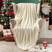 MIULEE Knuffeldeken Kerstmis fleece deken flanel deken met pompons effen woondekens bankdeken pluizig sprei sofadeken deken voor bed bank slaapkamer kantoor 150x200 cm wit