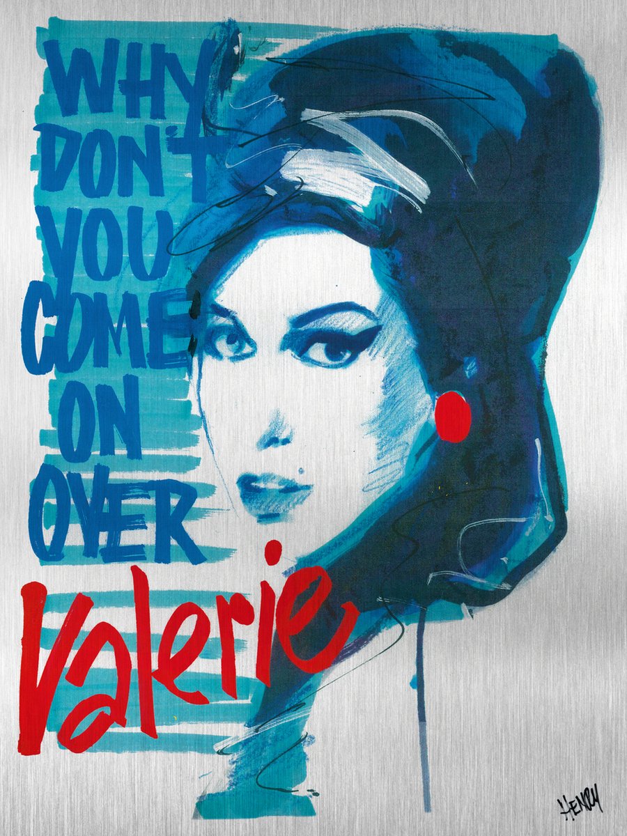 AMY WINEHOUSE * VALERIE * - uniek sign painted kunstwerk op geborsteld aluminium 60 x 80 cm