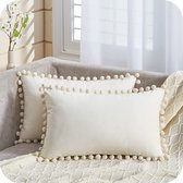 Topfinel Fluweel Kussenslopen met Bal Eenkleurige Kussenslopen Zitkussen Decoratief Kussen Sofa Slaapkamer Kantoor Auto Decoratieve Kussenhoes Hoofdkussen 30x50cm,Beige