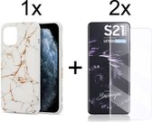 Samsung S21 Ultra Hoesje - Samsung Galaxy S21 Ultra Hoesje Marmer Wit Siliconen Case - 2x Samsung S21 Ultra Screenprotector UV