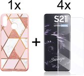 Samsung S21 Ultra Hoesje - Samsung Galaxy S21 Ultra Hoesje Marmer Roze Driehoek Print Siliconen Case - 4x Samsung S21 Ultra Screenprotector UV