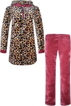 Dames fleece huispak met zakken en ritsje met capuchon M donkerrood/bruin