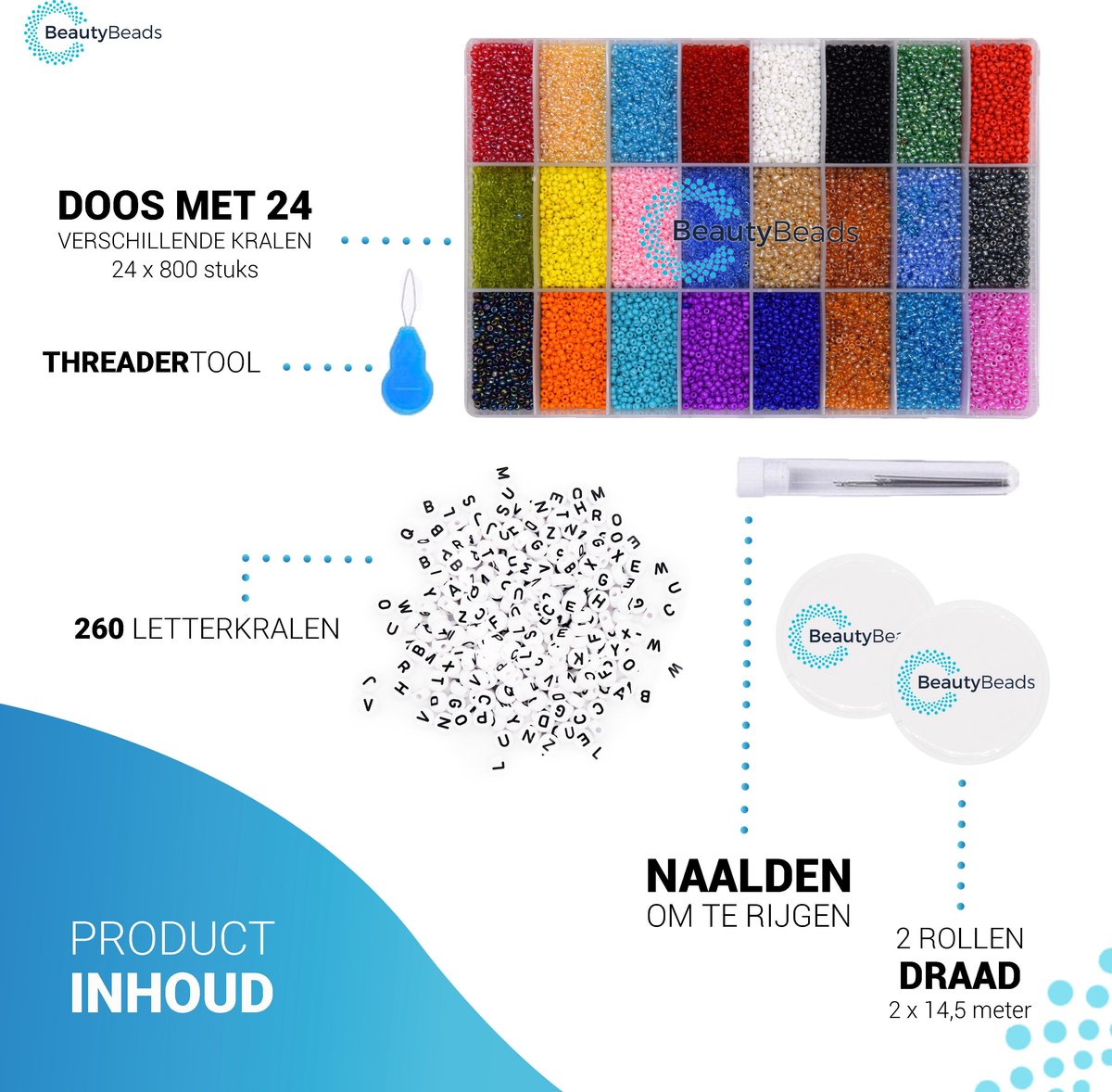 BeautyBeads Knutsel Sieradenpakket met +19000 Glaskralen en Letterkralen – Uitgebreide Kralenset met Letters voor Gepersonaliseerde Armbanden en Kettingen – 2mm Kralen - BB105 — afbeelding 7