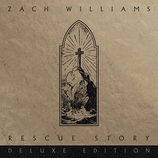 Albumhoes van Zach Williams' Rescue Story Deluxe Edition met een kruis op een rots en golven.