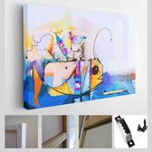 Olieverfschilderij. Abstracte kleurrijke fantasie onderwater. Illustratie Semi abstracte kunst. Afbeelding van vis in zee - Modern Art Canvas - Horizontaal - 1421588804