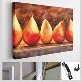 Stilleven van peren. Smakelijke sappige peren verlicht door felle stralen van de zon liggen op de tafel, beschilderd met aquarel handen - Modern Art Canvas - Horizontaal - 72653040
