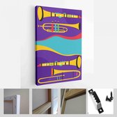 Set d'affiches de festival de jazz. Compositions Vector incluses : saxophone, trombone, clarinette, violon, contrebasse, piano, trompette, grosse caisse et banjo, guitare - Toile d' Art moderne - Vertical - 1950281071