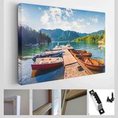 Bohinj Gölü'nün renkli yaz panorama'si. Triglav Milli Parki'nda pitoresk moning sahnesi, Julian Alpleri, Slovenya - Modern Art Canvas - Horizontaal - 598915622