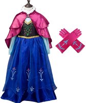 Het Betere Merk - Prinsessenjurk meisje - Anna blauwe jurk cape - maat 110/116(120) -Verkleedkleren Meisje-Anna Kleed- Roze prinsessen handschoenen