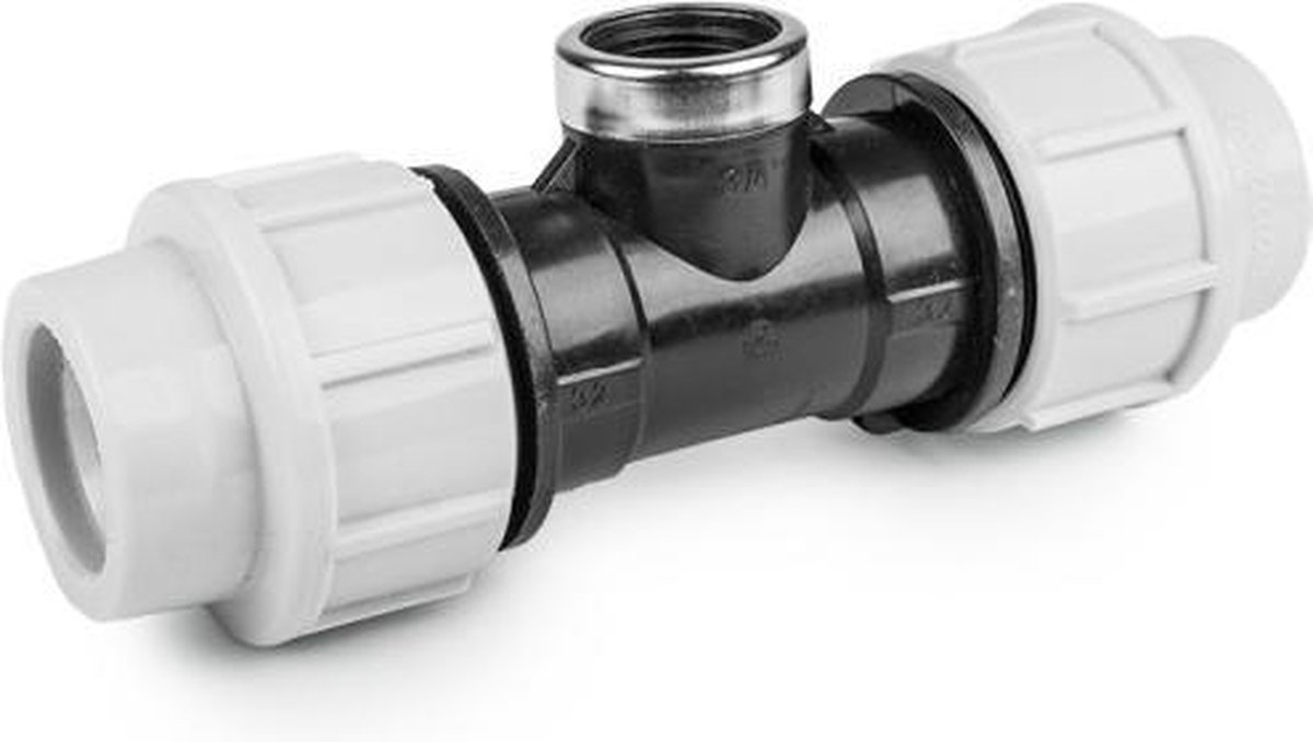 Schroef t-stuk voor PE/tyleen - 25mm x 3/4 binnendraad - 16 bar