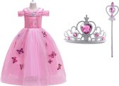Het Betere Merk - Assepoester - Cinderella - prinsessenjurk roze vlinders - verkleedkleren meisje - maat 98(100) - Assepoester roze jurk - carnavalskleding kinderen