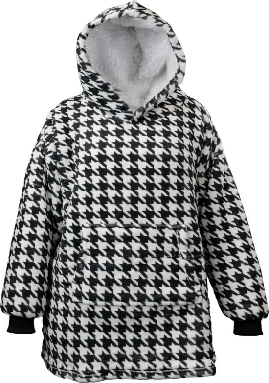 Oversized hoodie met houndstooth patroon in zwart en wit, met grijze voering in de capuchon en een steekzak.