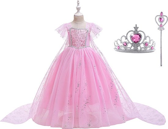Elsa Jurk | Luxe Verkleedjurk | Prinsessenjurk Meisje |maat 122/128(130)| Verkleedkleren Meisje | Frozen Jurk | Prinsessen Verkleedkleding | Carnavalskleding Kinderen | Roze