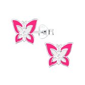 Joy|S - Zilveren vlinder oorbellen - 6 x 8 mm - roze wit