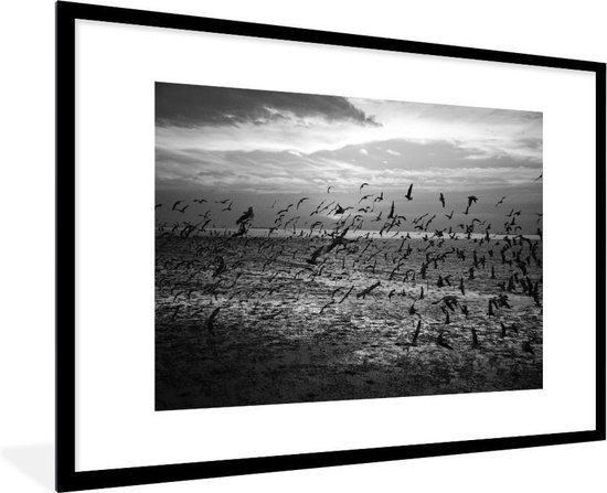 Fotolijst incl. Poster Zwart Wit- Grote groep zeemeeuwen vliegt over strand  - zwart... | bol.com