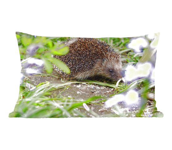 Sierkussen Hérisson pour l'intérieur - Hérisson derrière les fleurs - 50x30 cm - Coussin intérieur rectangulaire en coton