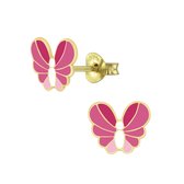 Joy|S - Zilveren vlinder oorbellen - 8 x 7 mm - roze wit - 14k goudplating