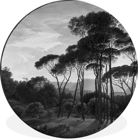 WallCircle - Wandcirkel - Muurcirkel - Italiaans landschap met parasoldennen - Schilderij van Hendrik Voogd - zwart wit - Aluminium - Dibond - ⌀ 60 cm - Binnen en Buiten