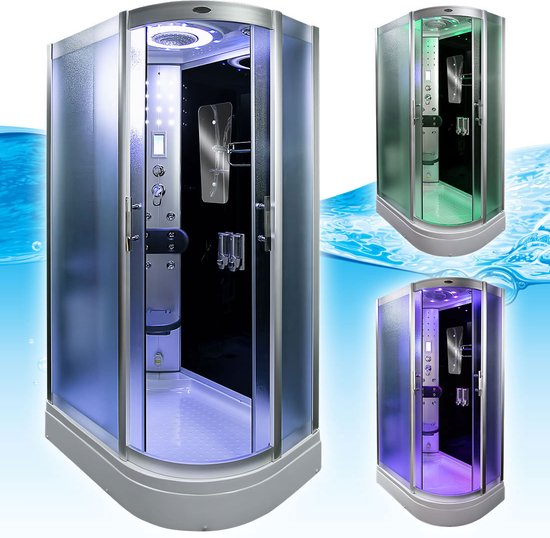 Stoomcabines in verschillende kleuren, waaronder blauw, groen en paars, met douchepanelen, LED-verlichting en glas.