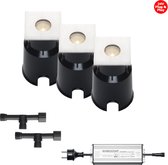 (Complete set) - 3 x LED grondspot Braga IP67 - 3 watt - 24v - Warmwit licht & 2 x Kabelverbinder T waterdicht - 24 v & 1 x LED Hamulight transformator 100w - 24v | Tuinverlichting | Buiten s