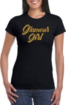 Glamour girl t-shirt zwart met gouden glitter tekst dames - Glitter en Glamour goud party kleding shirt XS