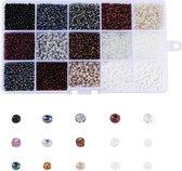 3mm rocailles in handige opbergdoos | wit, zwart, bruin en grijstinten | 15 kleuren van 12 gram | 180 gram