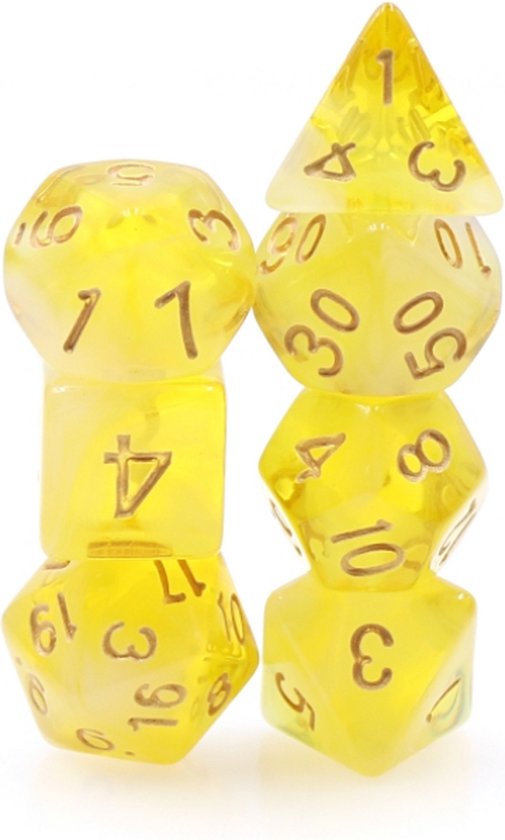 Dés Polyset | Polydice | Jaune Wit Pailleté Transparent et Or | Set de Dés de 7 pièces| Pour D&D et autres Jeux de rôle | Set de Dés en plastique pour Dungeons and Dragons | Set de dés polyédriques | DnD / D&D / Dungeons and Dragons