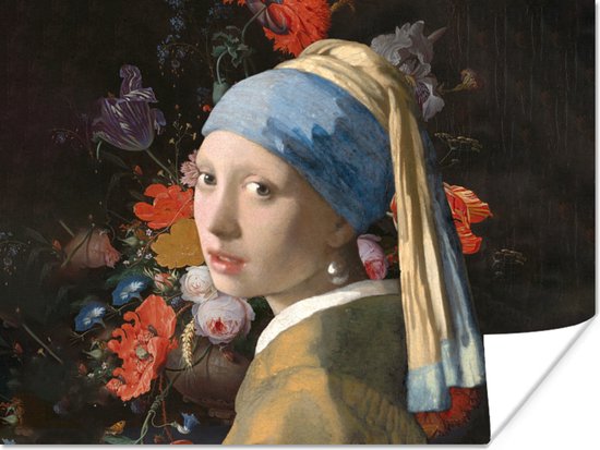 Poster Meisje met de parel - Vermeer - Bloemen - 80x60 cm