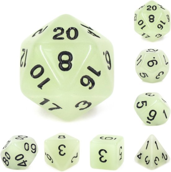 Dés Polyset | Dés - Set de 7 pièces - Glow verte naturelle dans le Zwart foncé| Pour D&D et autres Jeux de rôle | Set de Dés en plastique pour Dungeons and Dragons | Set de dés polyédriques
